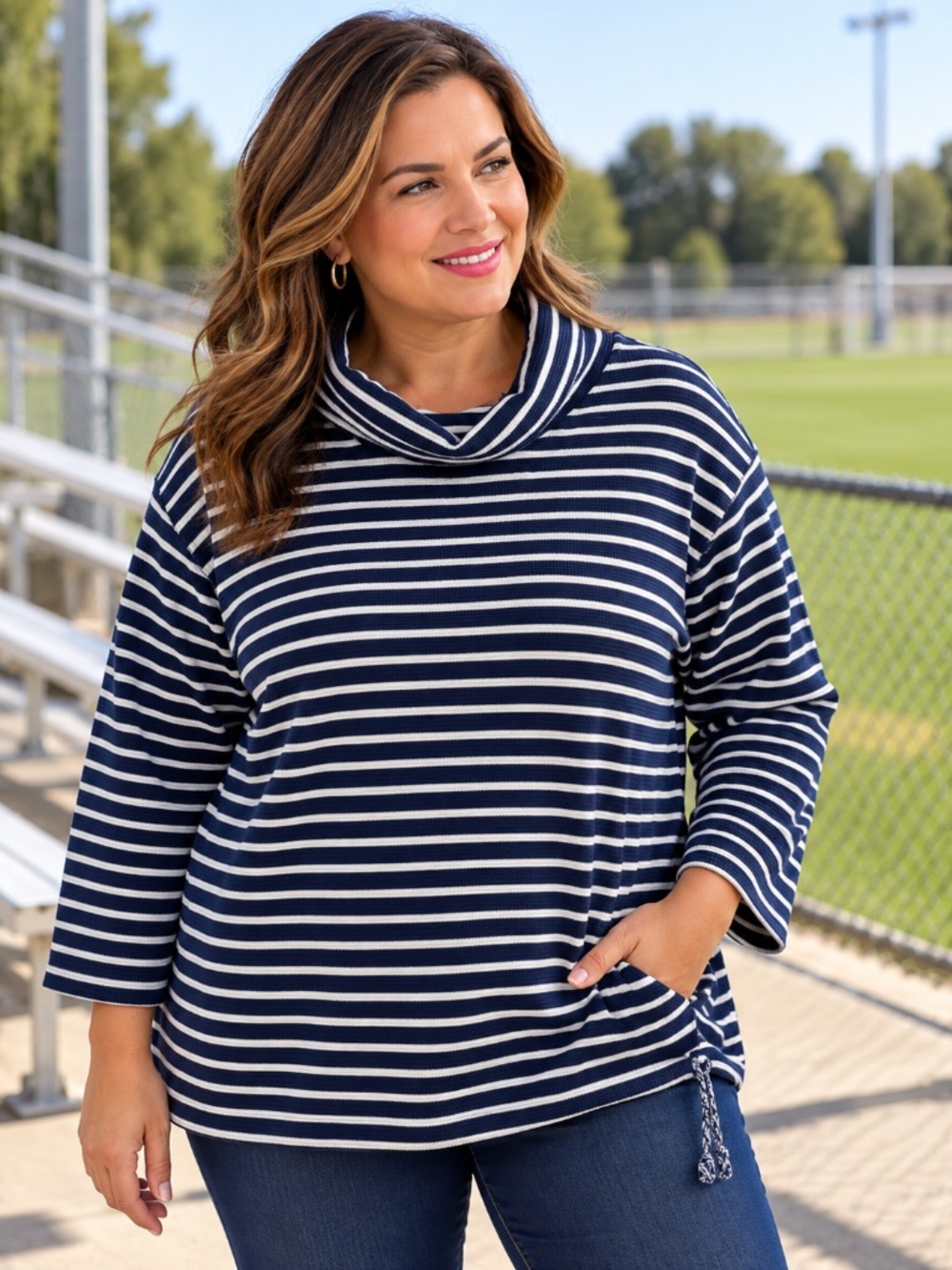 Lands’ End 2X Navy White Striped Cowl Neck Pullover Sweater Top